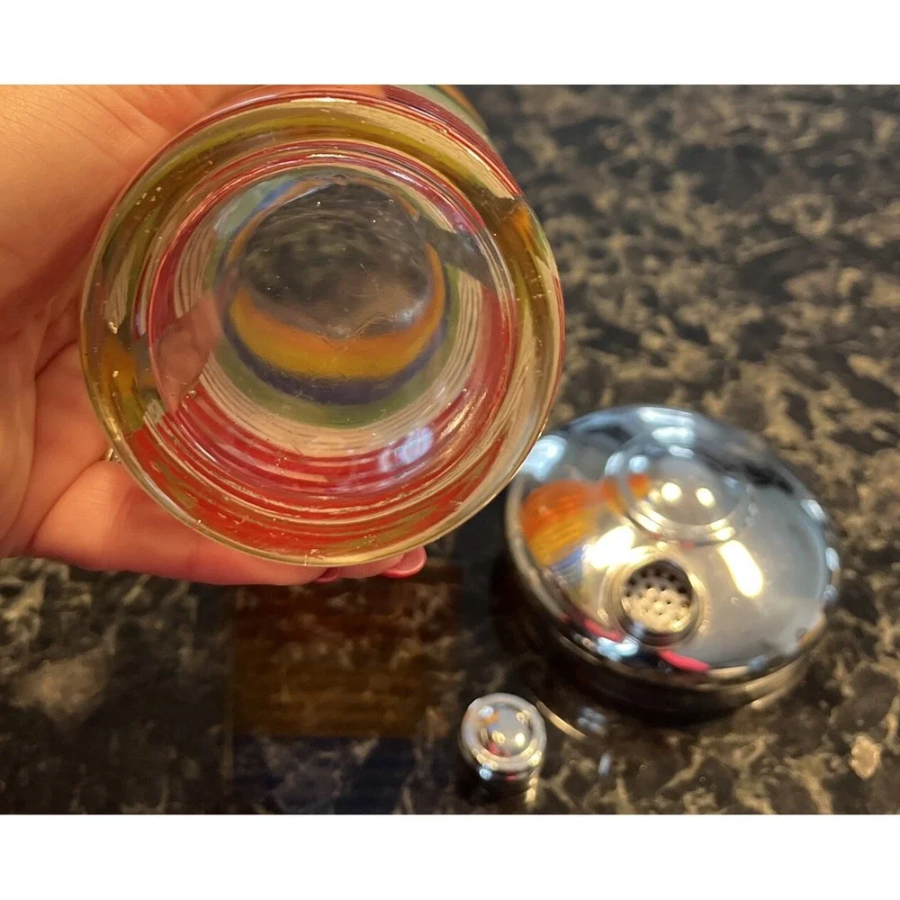Vintage Rainbow Striped Glass Cocktail Shaker Chrome Lid MCM Retro Colorful
